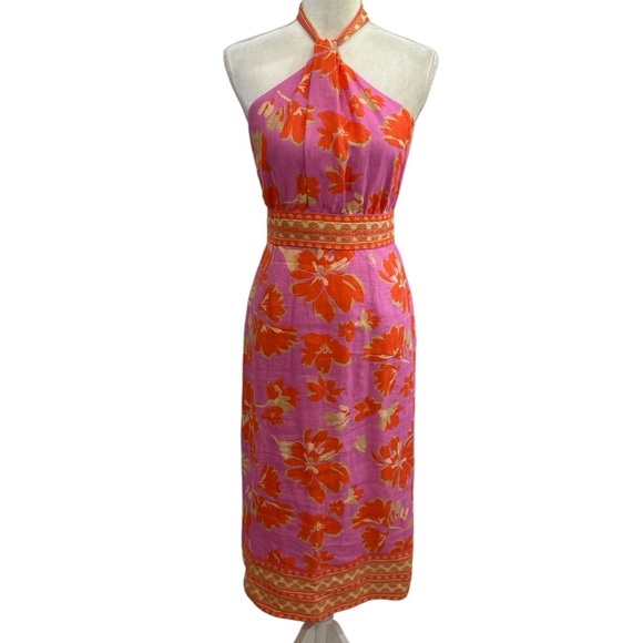 Antonio Melani Naomi Floral Printed Linen Halter Dress Size 2 Pink Orange NWT - Picture 3 of 13